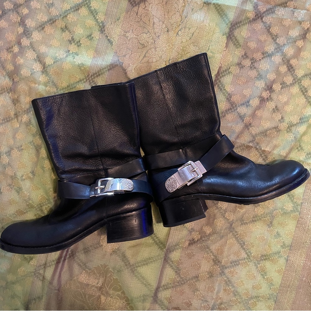 Vince Camuto Black Leather Upper Silver Buckle Boots